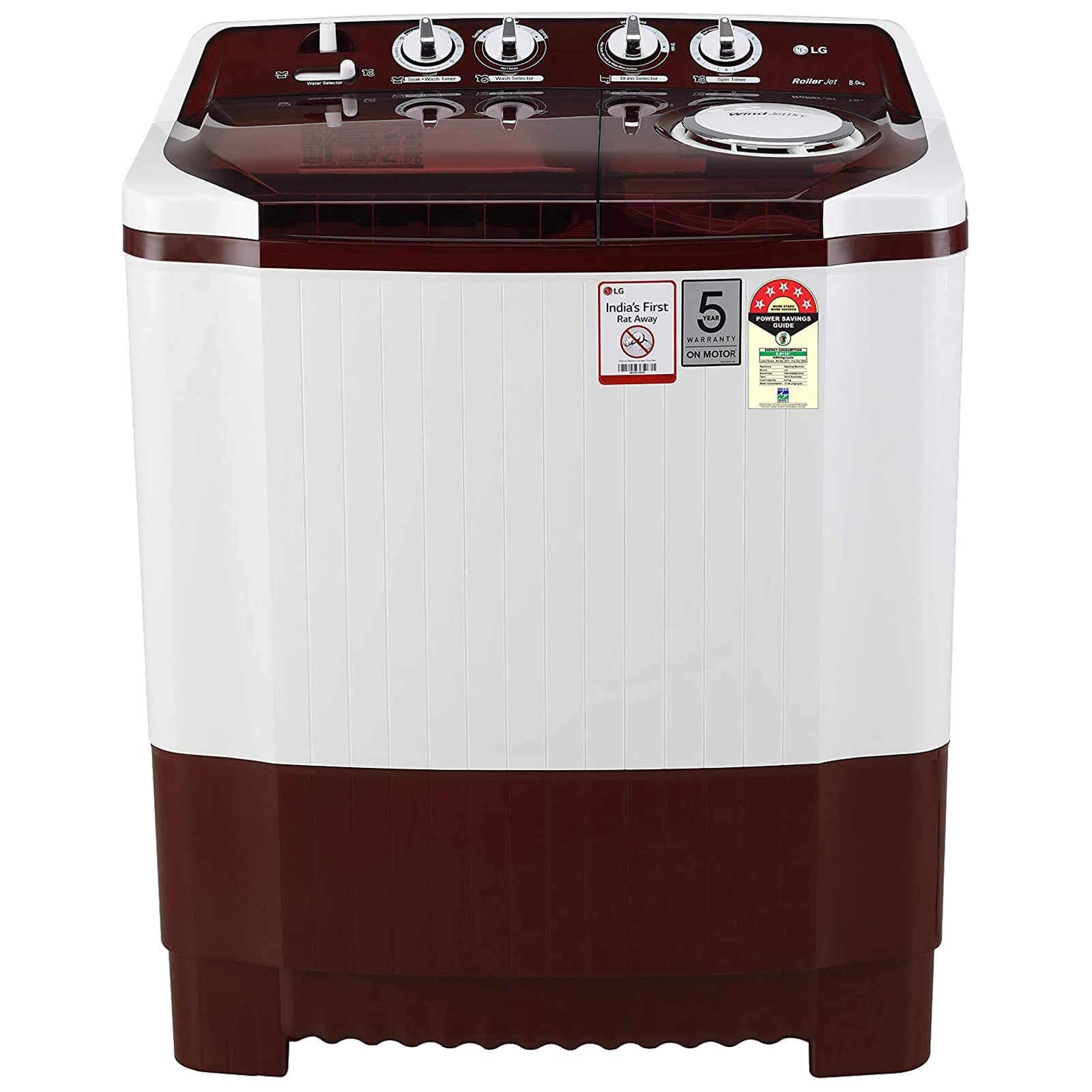 LG 8 kg 5 Star Semi-Automatic Top Load Washing Machine (Auto Restart, P8035SRMZ.ABGQEIL, Burgundy), No color
LG 8 kg 5 Star Semi-Automatic Top Load Washing Machine (Auto Restart, P8035SRMZ.ABGQEIL, Burgundy), No color