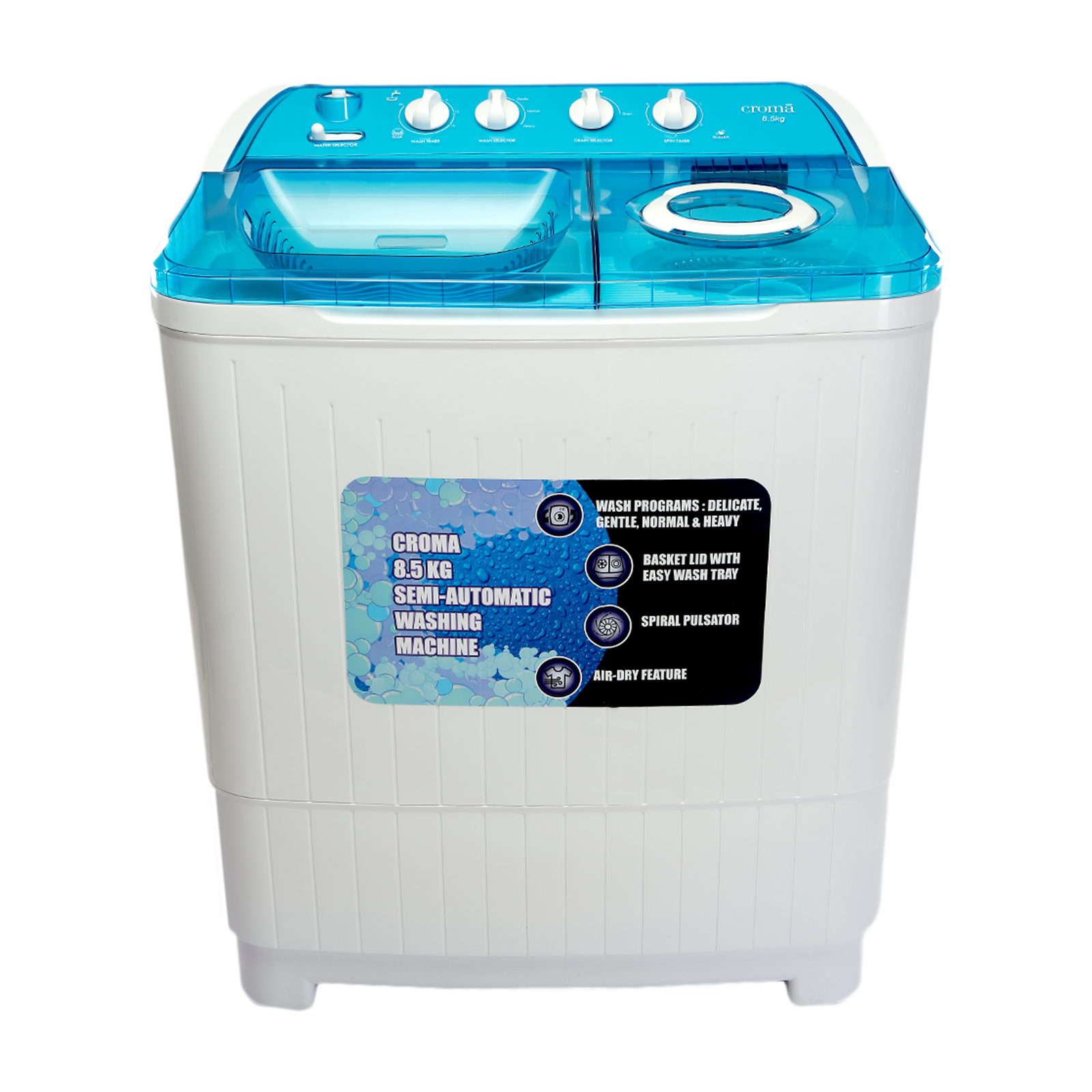 Croma 8.5 kg Semi Automatic Washing Machine with Spacious Spin Tub (CRAW2222, White/Blue), No color
Croma 8.5 kg Semi Automatic Washing Machine with Spacious Spin Tub (CRAW2222, White/Blue), No color