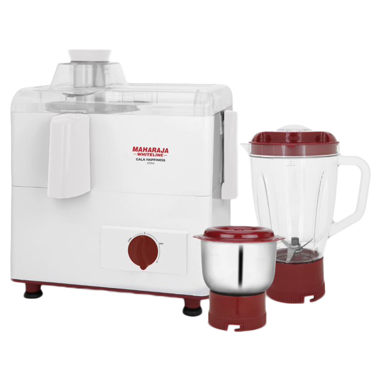 MAHARAJA WHITELINE Gala Happiness 450 Watt 2 Jars Juicer Mixer Grinder (Overload Protection, White/Cherry Red), White and red
MAHARAJA WHITELINE Gala Happiness 450 Watt 2 Jars Juicer Mixer Grinder (Overload Protection, White/Cherry Red), White and red