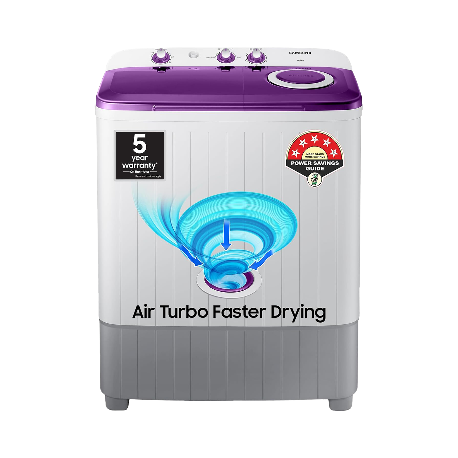 SAMSUNG 6 kg 5 Star Semi Automatic Washing Machine with Air Turbo Drying (WT60R2000LL/TL, Light Grey & Violet)
SAMSUNG 6 kg 5 Star Semi Automatic Washing Machine with Air Turbo Drying (WT60R2000LL/TL, Light Grey & Violet)