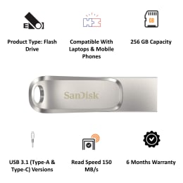 SanDisk Ultra Dual Drive Luxe 256GB USB 3.1 (Type-A), USB 3.1 (Type-C) Flash Drive (Swivel Design, SDDDC4-256G-I35, Silver) SanDisk Ultra Dual Drive Luxe 256GB USB 3.1 (Type-A), USB 3.1 (Type-C) Flash Drive (Swivel Design, SDDDC4-256G-I35, Silver)_4