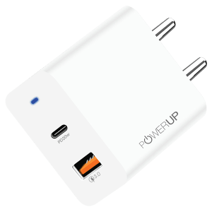 POWERUP 20W Type A & Type C 2-Port Fast Charger (Type C & Lightning Cable, Short-Circuit Protection, White)