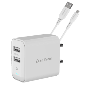 Stuffcool Flow Type A 2-Port Fast Charger (Type A to Micro USB Cable, Auto Detect Smart IC, White)