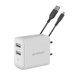 Stuffcool Flow Type A 2-Port Fast Charger (Type A to Type C Cable, Auto Detect Smart IC, White)