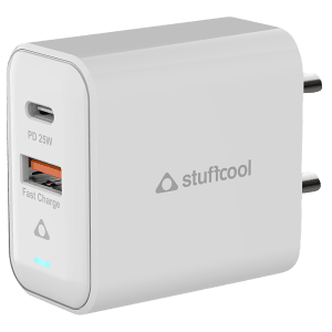 Stuffcool Flow 25W Type A & Type C 2-Port Fast Charger (Adapter Only, BIS Approved, White)