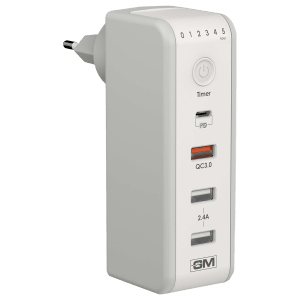 GM Cuba 18W Type A & Type C 4-Port Fast Charger (Adapter Only, 180 Degree Plug Rotation, White)