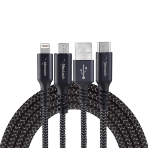 Nextech Type A to Type C, Micro USB, Lightning 4 Feet (1.2M) 3-in-1 Cable (Grey Black)