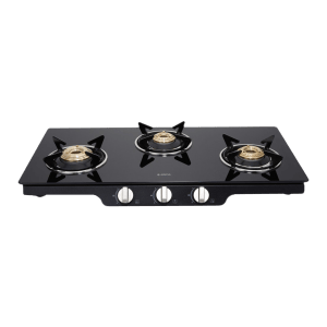 Elica Patio ICT 773 BLK SS DT AI Toughened Glass Top 3 Burner Automatic Gas Stove (Rust Resistant, Black)