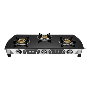 Preethi Blue Flame Blaze Toughened Glass Top 3 Burner Manual Gas Stove (Lighter Holder, Black)