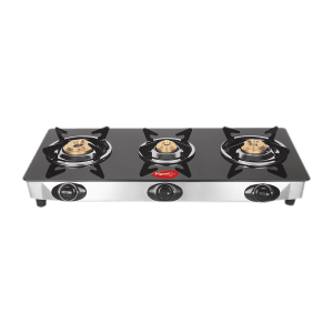 Pigeon Ayush Toughened Glass Top 3 Burner Manual Gas Stove (Unique Pan Support, Black)