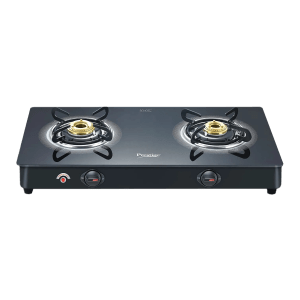 Prestige Royale Plus Toughened Glass Top 2 Burner Automatic Gas Stove (Ergonomic Knob, Black)