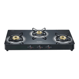 Prestige Royale Plus Toughened Glass Top 3 Burner Manual Gas Stove (Ergonomic Knob, Black)