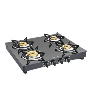 Sunflame PRIME 4B BK Toughened Glass Top 4 Burner Manual Gas Stove (Vitreous Enamelled Skirting, Black)