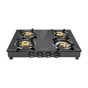 Kutchina Fabio 4B Eco Tempered Glass Top 4 Burner Manual Gas Stove (Stainless Steel Drip Tray, Black)