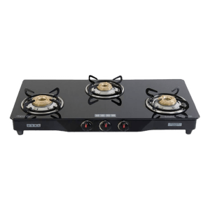 USHA Ebony GS3001 Toughened Glass Top 3 Burner Manual Gas Stove (Powder Coated Frame, Black)