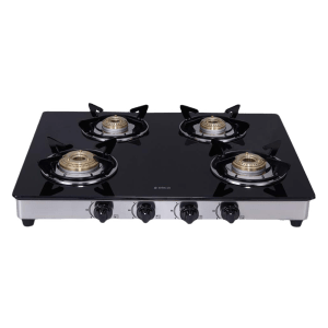 Elica 694 CT DT VETRO Toughened Glass Top 4 Burner Manual Gas Stove (Round Euro Coated Grid, Black)