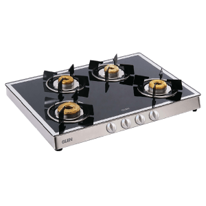 Glen 1048 GT FBM Toughened Glass Top 4 Burner Manual Gas Stove (360 Degree Revolving Nozzle, Black/Silver)