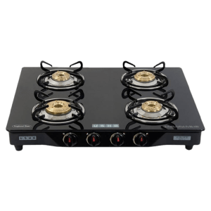 USHA Ebony GS4001 Toughened Glass Top 4 Burner Automatic Gas Stove (Slim Line Design, Black)