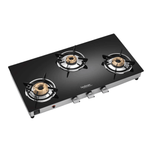 Hindware ARMO Plus Toughened Glass Top 3 Burner Automatic Gas Stove (Sleek Body Design, Black)