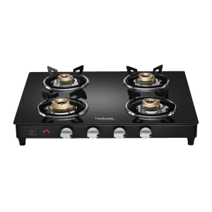 Hindware ARMO Plus Toughened Glass Top 4 Burner Automatic Gas Stove (Sleek Body Design, Black)