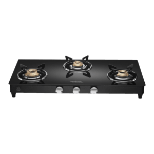 Hindware ARMO Plus Toughened Glass Top 3 Burner Manual Gas Stove (Sleek Body Design, Black)