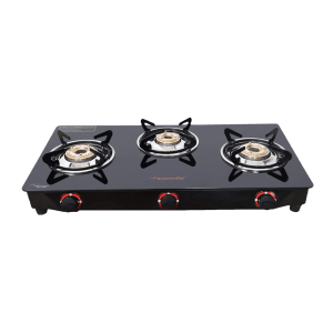 Butterfly Wave Toughened Glass Top 3 Burner Manual Gas Stove (Rust Free Pan Stand, Black)