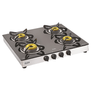 Glen 1042 GT FB Toughened Glass Top 4 Burner Manual Gas Stove (360 Degree Revolving Nozzle, Silver)