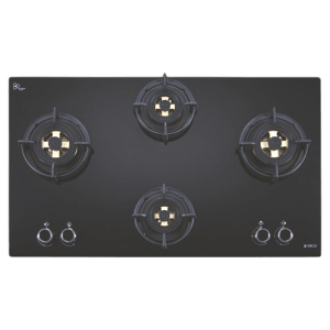 Elica DFS FB MFC 4B 91 DX Glass Top 4 Burner Automatic Hob (Round Enamelled Grid, Black)