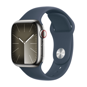 Apple Watch Series 9 GPS+Cellular with Storm Blue Sport Band - M/L (41mm Display, Silver Stainless Steel Case)