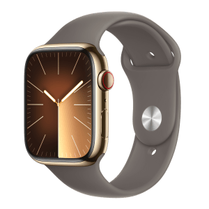 Apple Watch Series 9 GPS+Cellular with Clay Sport Band - S/M (45mm Display, Gold Stainless Steel Case)