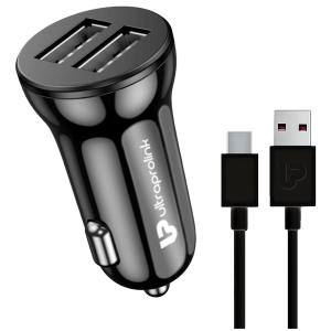 ultraprolink Mach12 12 Watts/2.4 Amps 2 USB Ports Type C Car Charging Adapter with Cable (Smart Charge, UM1144C, Black)