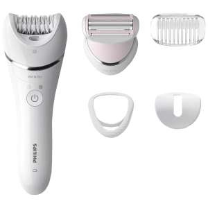 PHILIPS Series 8000 Rechargeable Cordless Wet & Dry Epilator for Legs, Face & Arms with 4 Interchangeable Heads (Double Action Technology, White)