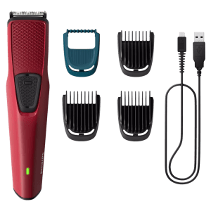 PHILIPS Series 1000 Rechargeable Cordless Dry Trimmer for Beard & Moustache with 4 Length Settings for Men (60min Runtime, DataPower Technology, Red)