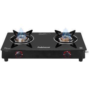 Fabiano Toughened Glass Top 2 Burner Manual Gas Stove(ISI Certified,Black)