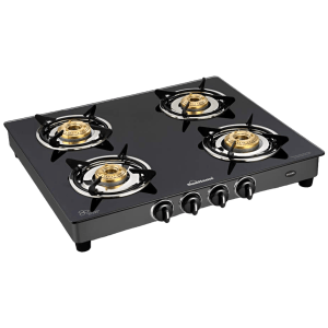 Sunflame Desire Toughened Glass Top 4 Burner Manual Gas Stove (Powder Coated Pan Supports, Black)