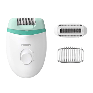 PHILIPS Satinelle Essential Corded Wet & Dry Epilator for Arms, Legs & Intimate Areas with 2 Interchangeable Heads (Efficient Epilation System, White & Green)