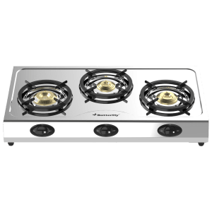 Butterfly Bolt Shakti 3 Burner Manual Gas Stove (High Thermal Efficiency, Silver)