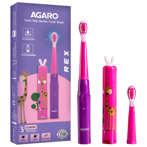 AGARO REX Sonic Rechargeable Electric Toothbrush with 2 Replacement Heads for Kids (3 Cleaning Modes, Purple)