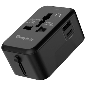 Candytech Travel Adapter (With Type C and Type A USB Port, CT-C12, Black)