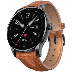 boAt Lunar Connect Ace Smartwatch with Bluetooth Calling (36.32mm AMOLED Display, IP68 Water Resistant, Brown Leather Strap)