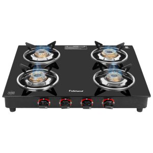 Fabiano FAB4BRSMART Toughened Glass Top 4 Burner Manual Gas Stove (Pan Support Attachment, Black)