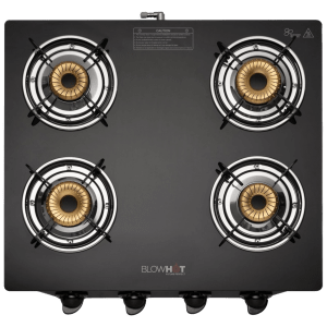 BLOWHOT Pearl Toughened Glass Top 4 Burner Manual Gas Stove (ISI Certified, Black)