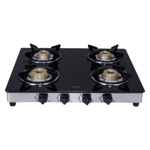 Elica 594 CT DT VETRO 1J Toughened Glass Top 4 Burner Manual Gas Stove (Round Euro Coated Grid, Black)