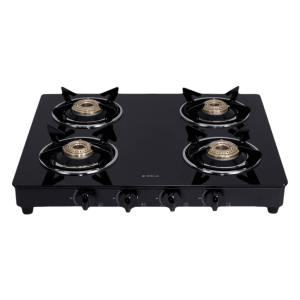 Elica 594 CT VETRO BK Toughened Glass Top 4 Burner Manual Gas Stove (Round Euro Coated Grid, Black)