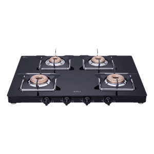 Elica 694 CT VETRO SLIMLINE SPF 2J AI Glass Top 4 Burner Automatic Gas Stove (Square Euro Coated Grids, Black)