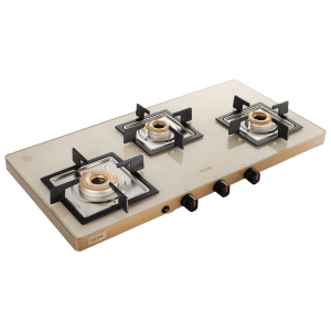 Glen Ultra Slim Toughened Glass Top 3 Burner Automatic Gas Stove (Vitreous Enamelled Pan Support, Apricot)