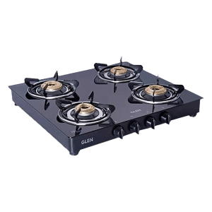 Glen 1043 GT HFBB DD BL Toughened Glass Top 4 Burner Manual Gas Stove (360 Degree Revolving Nozzle, Black)