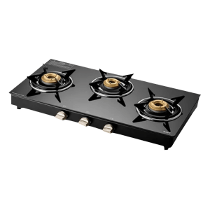 KAFF CTE713B Toughened Glass Top 3 Burner Manual Gas Stove (Matte Enamelled Pan Support, Black)