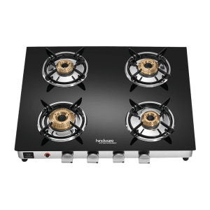 Hindware ARMO Plus Toughened Glass Top 4 Burner Automatic Gas Stove (Sleek Body Design, Black)