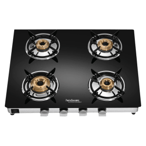 Hindware ARMO Plus Toughened Glass Top 4 Burner Manual Gas Stove (Sleek Body Design, Black)